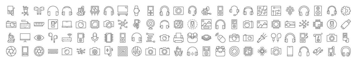 Chip, Headphones, Camera, Memory Card Outline Style Icons for Design, Cards, Apps, Social Networks vector