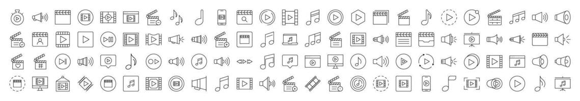 Media Player Line Icon Set. Modern Collection for Design, Web Sites, Apps, Cards. Contains Linear Images of Clapperboard, Musical Note, Loud Speaker vector