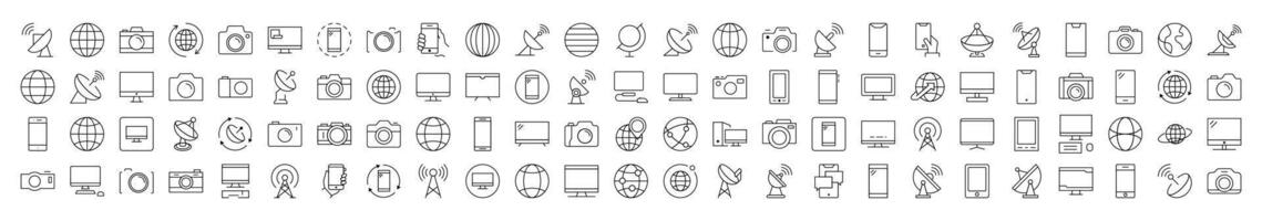 Simple Linear Icon of Photo Camera, Globe, Computer, Radio Locator, Phone. Editable Stroke. Minimalistic Linear Pictogram for Design of Cards, Apps, Banners, Posts vector