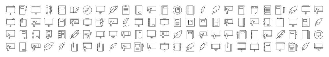 University Related Outline Picture Set. Contains Icons of Professor, Teacher, Presentation Board, Notebook for Banners, Infographics, Books, Articles and Other Types of Design vector