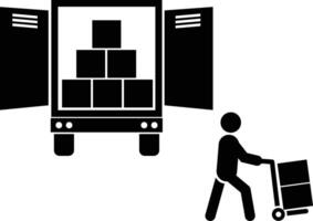 Unloading truck icon. Worker unloading boxes from truck sign. Delivery man unloading boxes from truck for shipping symbol. flat style. vector