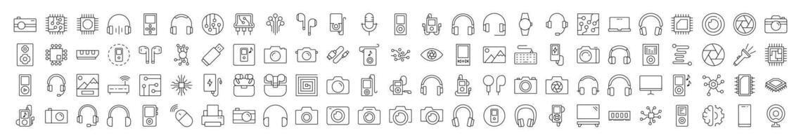 Collection of Sound Related Line Icons. Editable Stroke for Design, Web Sites, Apps, Cards. Contains Linear Images of Chip, Headphones, Camera, Memory Card vector