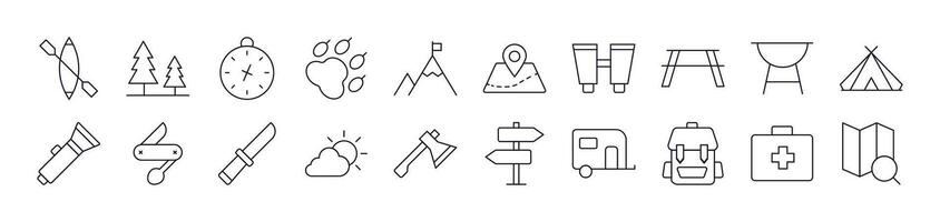 Backpack, Map Pin, Camping, Travel, Vacation Simple Icon Collection. Editable Stroke. Perfect for Infographics, Articles, Books, Flyers, Banners vector