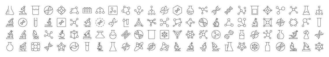 Chemistry Line Icon Pack. Modern Collection for Design, Web Sites, Apps, Cards. Contains Linear Images of Chemical Compound, Laboratory Bulbs, Atom vector