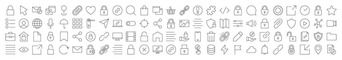 Set of Interface Related Line Icons. Editable Stroke for Design, Web Sites, Apps, Cards. Contains Linear Images of Share, Coding, Like, Bookmark, Menu vector