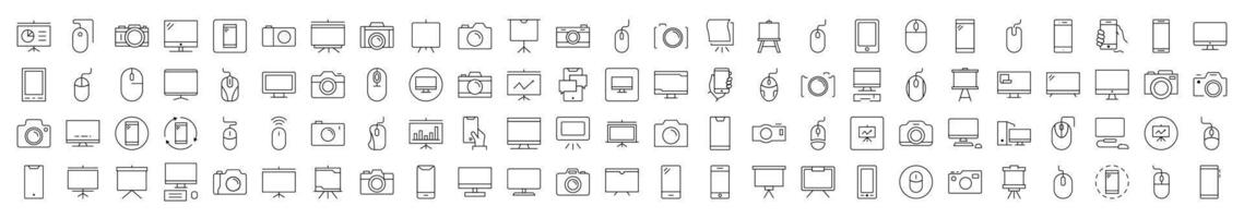 Devices Line Icon Pack. Modern Collection for Design, Web Sites, Apps, Cards. Contains Linear Images of Phone, Photo Camera, Computer Mouse and PC vector