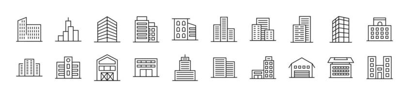 Building Line Icon Pack. Editable Stroke. Minimalistic Linear Pictogram for Design of Cards, Apps, Banners, Posts vector