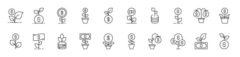 Money Tree Related Image Collection. Editable Stroke. Perfect for Infographics, Articles, Books, Flyers, Banners vector