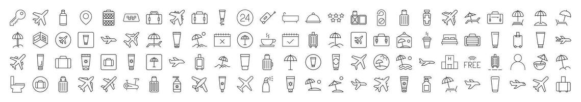 Travel Related Simple Sign Set. Contains Icons of Sunscreen, Umbrella, Baggage, Fitness, Plane for Banners, Infographics, Books, Articles and Other Types of Design vector