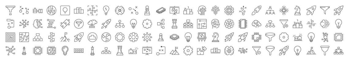 Data and Analytics Simple Linear Illustrations. Contains Icons of Puzzle, Funnel, Gear, Cogwheel, Spaceship that Can Be Used for Design of Cards, Posts, Apps, Web Sites vector