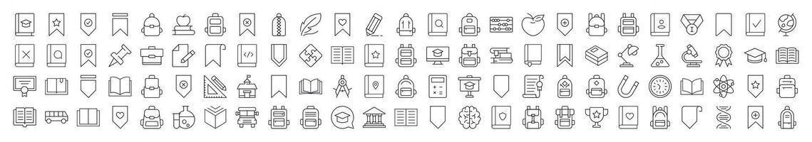 Pack of School, College, University Related Line Icons. Editable Stroke for Design, Web Sites, Apps, Cards. Contains Linear Images of Backpack, Bookmark, Book, Clock vector
