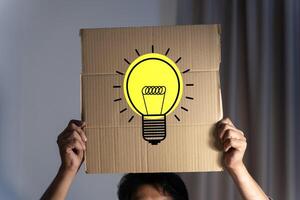 Conceptual image of businessman gesturing with a cardboard box on his head with light bulb. Businessman holding a sign with light bulb, concept of the idea. photo