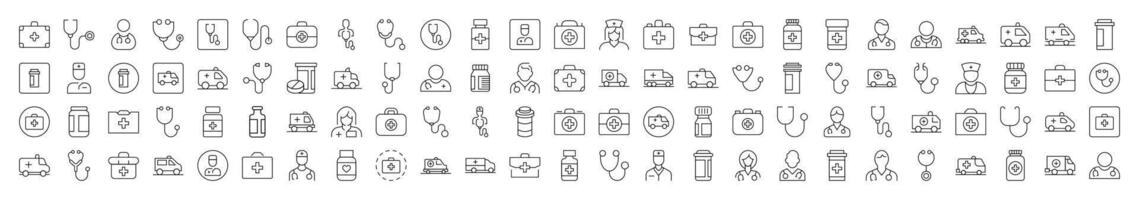 Doctor, Hospital, Stethoscope, Ambulance, Drugs Related Simple Sign Drawn with Thin Line for Interface, Booklets, Cards, Posts, Infographics vector