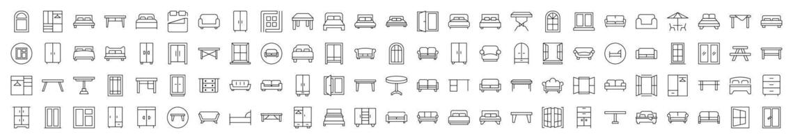 Set of Furniture Related Line Icons. Editable Stroke for Design, Web Sites, Apps, Cards. Contains Linear Images of Dresser, Couch, Sofa, Table, Window vector
