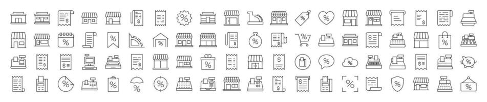 Simple Linear Illustration of Shopping. Contains Icons of Store, Receipt, Cash Register that Can Be Used for Design of Cards, Posts, Apps, Web Sites vector