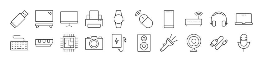 Microphone, USB Cable, Camera, Chip etc Related Line Icon Collection. Editable Stroke. Perfect for Infographics, Articles, Books, Flyers, Banners vector