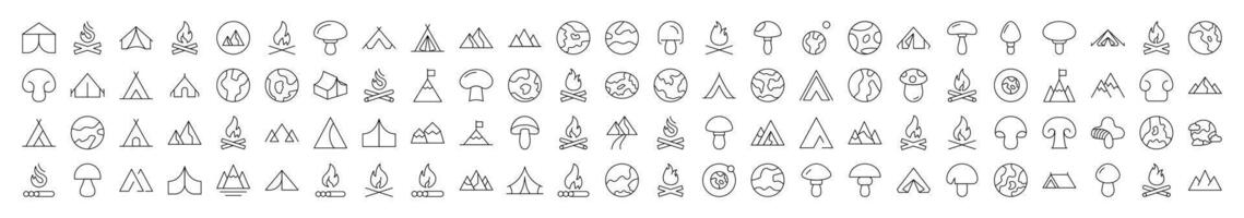Mushroom, Mountain, Planet, Bonfire Related Simple Sign Drawn with Thin Line for Interface, Booklets, Cards, Posts, Infographics vector