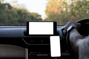 Mobile phone with isolated white screen. Blank empty screen, copy space. Clipping path. photo