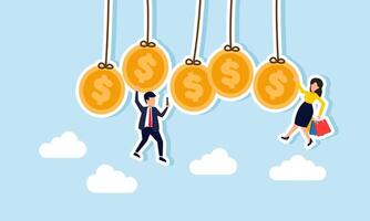 Several coins hanging from a string with a businessman hold a phone and grip a coin, and a businesswoman hold a shop bag and grip a coin, illustration of dependence on liquidity assets vector