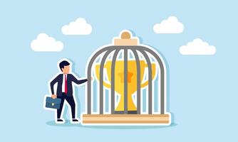 A businessman stands next to a drum containing a trophy, illustration of maintaining business quality to remain a leading company vector