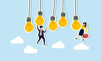 Several lights hanging from a string with a businessman hold a phone and grip a light, and a businesswoman hold a shop bag and grip a light, illustration of dependence on creativity vector