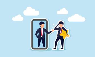 A businessman holding a broken star reflects in a mirror, greeted by a shadow, illustration of gaining motivation from self-reflection on despair in improving business product quality vector