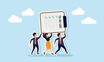Businesspeople work together lifting a to-do list board, illustration of teamwork in completing business task lists vector
