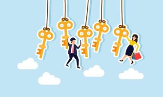 Several keys hanging from a string with a businessman hold a phone and grip a key, and a businesswoman hold a shop bag and grip a key, illustration of dependence on solutions vector