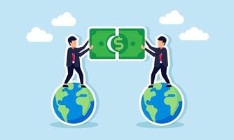 Two businessmen standing on a globe, working together to complete a dollar puzzle, illustration of a joint venture and leading company collaborating to enhance business revenue vector