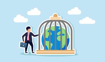 A businessman stands next to a drum containing a globe, illustration of maintaining the global market as a leading company vector