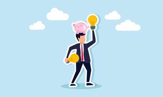 A businessman holding a lamp with a piggy bank above his head, illustration of the importance of applying ideas and innovations to increase business investment vector