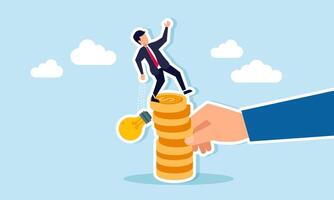 A businessman tries to balance standing on a stack of dollar coins damaged by a hand while accidentally dropping a lamp, illustration of ideas unrealized due to financial instability vector