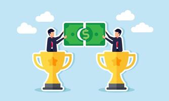 Two businessmen inside a trophy completing a dollar puzzle together, illustration of a joint venture and leading company collaborating to perfect and boost business revenue vector