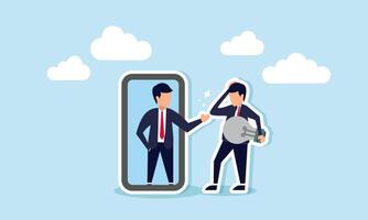 A businessman holding a broken lamp reflects in a mirror, greeted by a shadow, illustration of gaining motivation from self-reflection on despair in seeking ideas and innovations vector