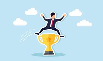 A businessman jumps over a trophy, illustration of surpassing limits to make the business a leading company vector