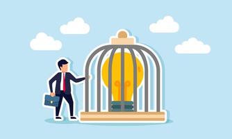 A businessman stands next to a drum containing a lamp, illustration of maintaining creativity to keep business ideas and innovations alive vector