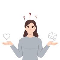 Unsure doubtful woman choose between brain and heart. vector