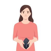 Woman has no money with empty wallet. vector