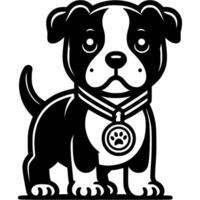 Staffordshire Terrier puppy with dog show winner medal worn around its neck in monochrome. Simple minimalistic in black ink drawing on white background vector