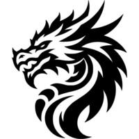 Tattoo of ancient dragon head in monochrome. Wild dragon side view. Engraving minimalistic in black ink drawing on white background vector