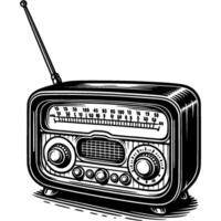 Vintage portable radio with folding antenna and frequency controls in monochrome. Simple minimalistic in black ink drawing on white background vector