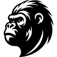 Tattoo of angry gorilla face head in monochrome. Wild ape in madness. Engraving minimalistic in black ink drawing on white background vector