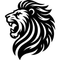 Tattoo of angry roaring lion side view head in monochrome. Wild lion in madness. Engraving minimalistic in black ink drawing on white background vector
