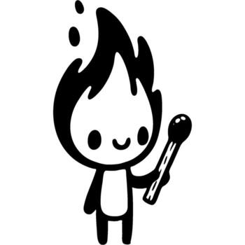 Fire character prepares to light match in monochrome. Careful handling of matches and fire. Simple minimalistic in black ink drawing on white background vector
