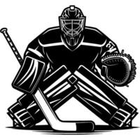 Hockey goalies prepare to repel an opponent attack in monochrome. Simple minimalistic in black ink drawing on white background vector