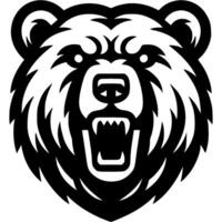 Tattoo of angry Bear front view head in monochrome. Wild grizzly in madness. Engraving minimalistic in black ink drawing on white background vector