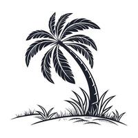 A stylized, black and white silhouette of a palm tree, subtly detailed, standing on a small island or beach with some grass. vector