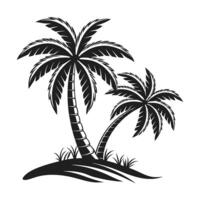black and white silhouette of a palm tree, subtly detailed, standing on a small island or beach with some grass. vector