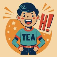 Retro cartoon character, cheerful boy, teal shirt with YEA text, vector