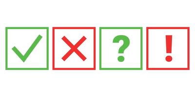 icons of check mark, cross, question mark and exclamation mark with square outline vector